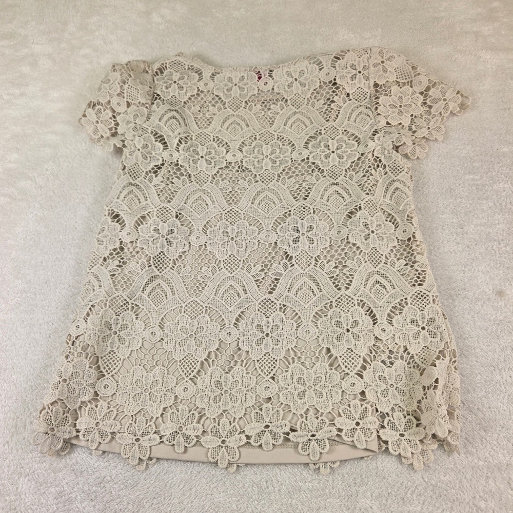 Vince Camuto Womens Beige Floral Guipure Lace Short Sleeve Blouse Scoop Neck S - Picture 6 of 6